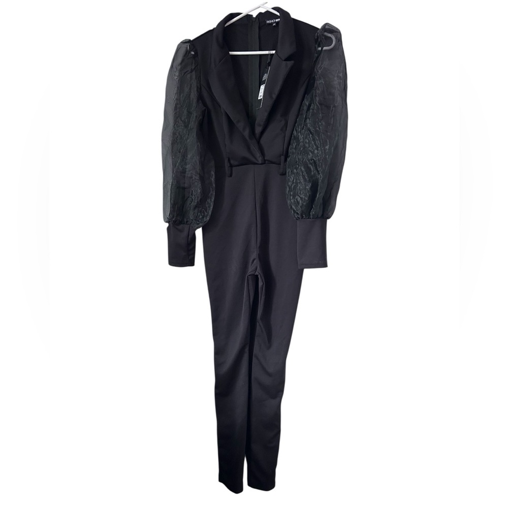Fashion Nova Black Sheer Puff-Sleeve Jumpsuit